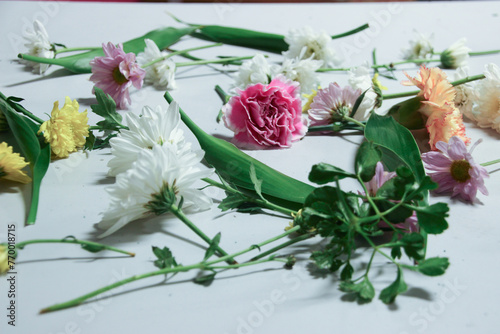 many type of bunch of flowers and leaf with spread distributed in a smooth horizontal surface