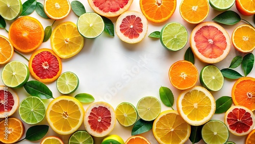 Generative ai. a close up of a circle of citrus and limes with leaves, fruits