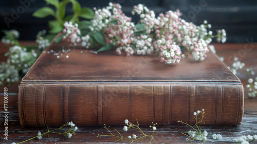 Old Bible on vintage wooden table with some little white flowers