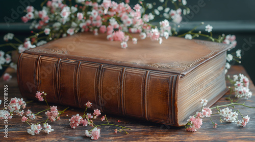 Old Bible on vintage wooden table with some little white flowers