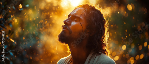 The light on Jesus Christ face and praying on his knees in the garden