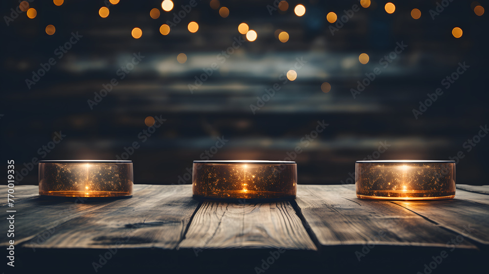 an empty wooden surface with lights and blurry background