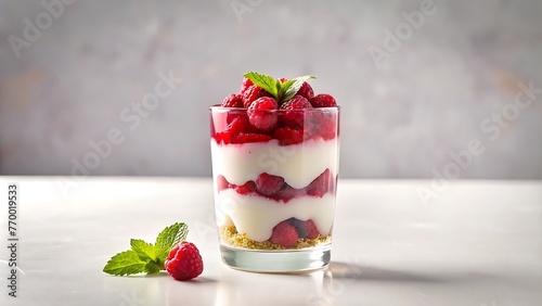 Generative ai. a close up of a dessert with strawberries and raspberries