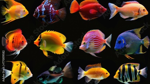 Different beautiful fishs set collection. Isolated on black background . Generative AI