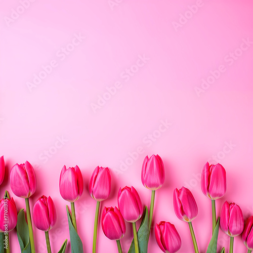 View from above of pink tulips with space to write.