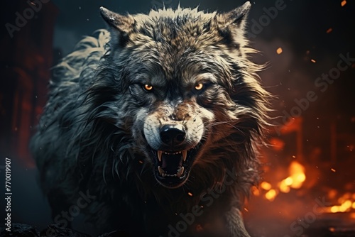 Aggressive wolf open mouth fire flames on background glowing eye Generative AI