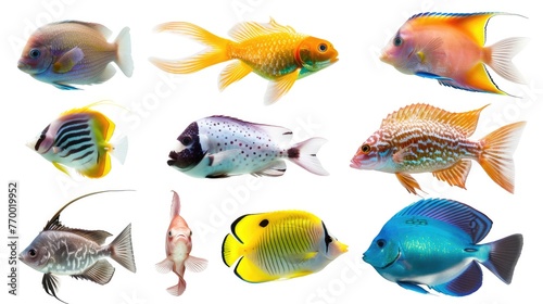Different beautiful fishs set collection. Isolated on white background . Generative AI
