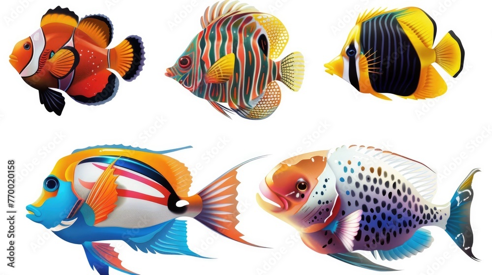 Fototapeta premium Different beautiful fishs set collection. Isolated on white background . Generative AI