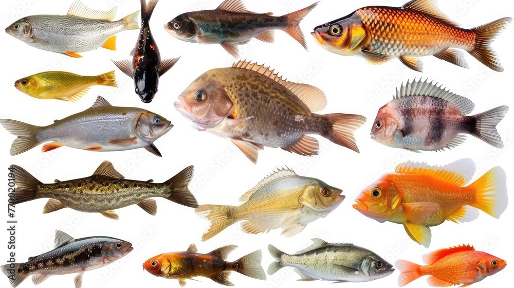 Different beautiful fishs set collection. Isolated on white background . Generative AI
