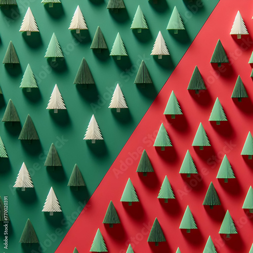 The image exhibits a symmetrical geometric pattern with alternating green and white free-trees on a split green and red background, conveying sense of balance and precision. Minimal Christmas concept photo