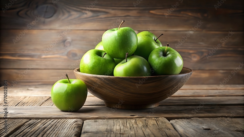 Generative ai. there are green apples in a bowl on a wooden table, green apples Generative ai. there are green apples in a bowl on a wooden table, green apples