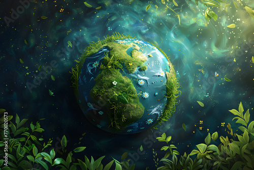 Digital illustration of earth day or world environment day concept, promoting environmentally friendly practices and the need to save our planet.