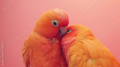 Two conures snuggling together in a heartwarming display of affection on a gentle coral background. © Artist