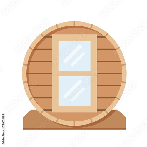 outdoor mobile wooden barrel sauna; relaxation and rejuvenation, It's ideal for wellness retreat websites, camping or glamping brochures, or outdoor lifestyle magazines, relaxation experiences- vector