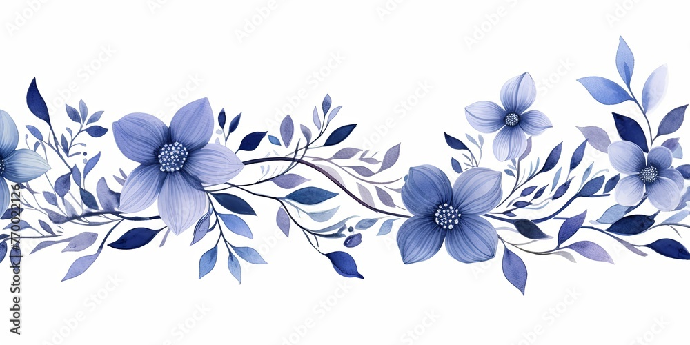 Indigo thin barely noticeable flower frame with leaves isolated on white background pattern
