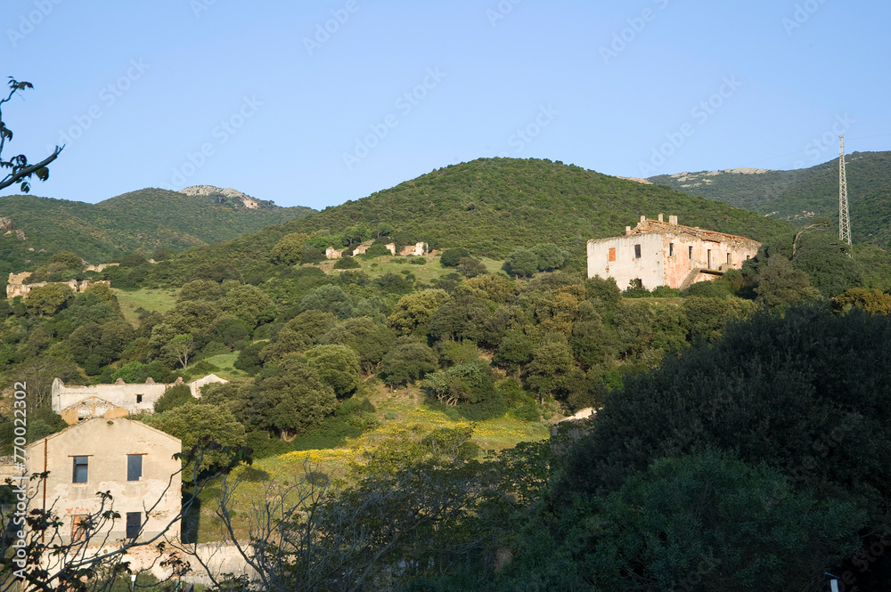 Industrial buildings and machine of abandoned Mine of Montevecchio in Sardinia, Arbus, Guspini, Italy, Piscinas Ingurtosu. Medio Campidano, Sardegna, Italy Industrial buildings and machine of abandoned Mine of Montevecchio in Sardinia, Arbus, Guspini, Italy, Piscinas Ingurtosu. Medio Campidano, Sardegna, Italy