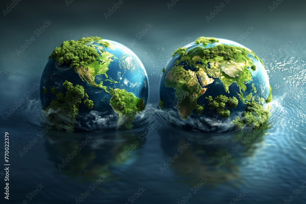 Two Earth Globes Floating in Water - obrazy, fototapety, plakaty 