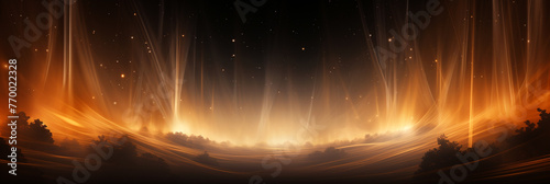 A banner background with golden light rays, night landscape and dark starry sky creating an ethereal and mystical atmosphere.