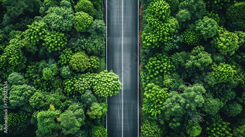Top view asphalt road and green forest. Ecosystem and ecology healthy environment concepts and background