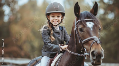 Young Girl Riding Horse With Helmet