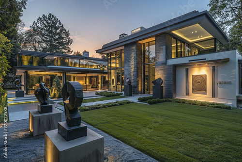 A modern luxury estate with an outdoor modern sculpture gallery in the front yard, bathed in the soft light of the setting sun.
