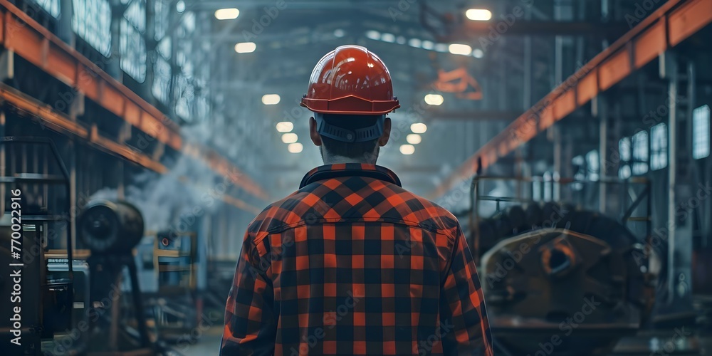 An engineer in work clothes and a hard hat supervising construction at a job site in a modern industrial factory. Concept Construction, Engineer, Job Site, Industrial Factory, Supervision