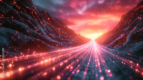 A glowing data stream with red and pink lights, representing the flow of information in digital technology.  Futuristic technology concept. photo