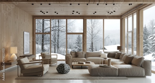 Interior modern wooden house with panoramic windows, minimalistic design and decorative elements
