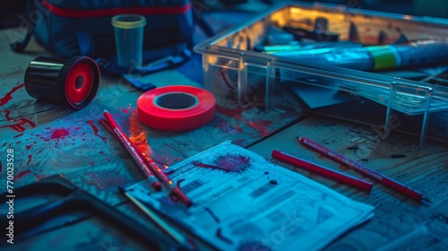 A crime scene investigation kit with markers and tape photo