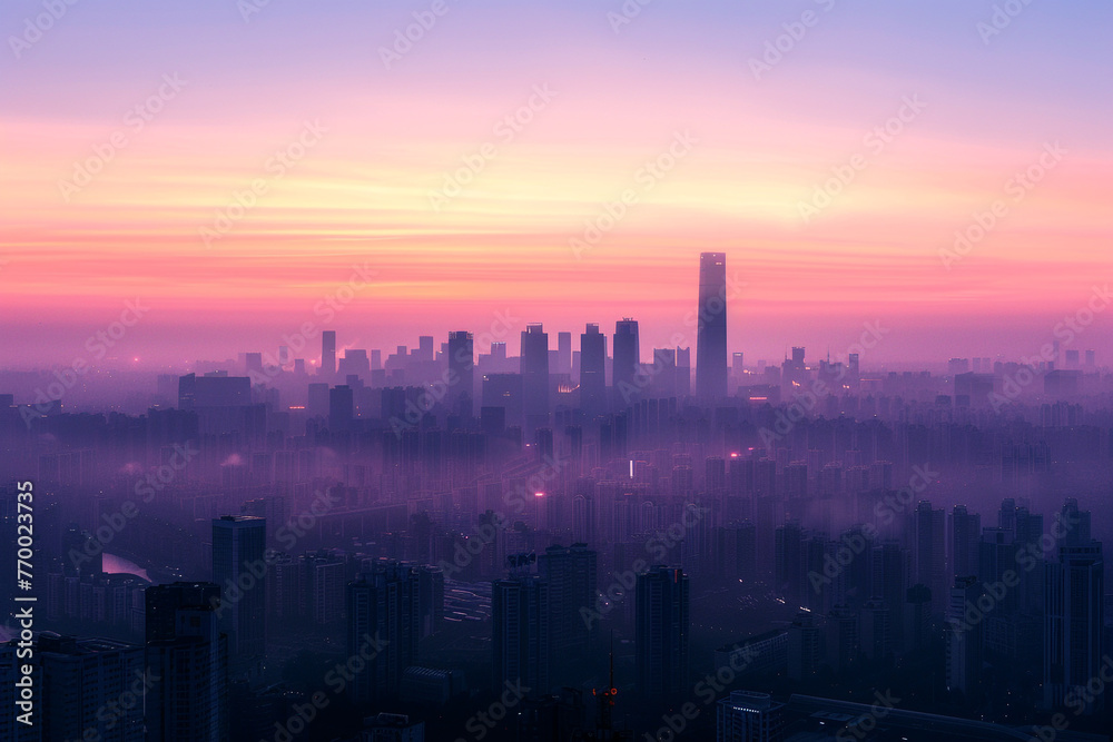 A pre-dawn skyline against a lightening sky, highlighting the evolution of city living. / A pre-dawn skyline against a lightening sky, highlighting the evolution of city living. /