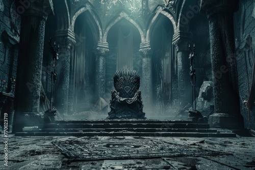 Gothic castle illustration, big hall interior with empty dark throne photo