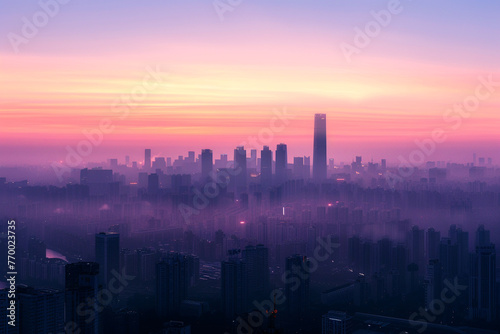 A pre-dawn skyline against a lightening sky  highlighting the evolution of city living.  