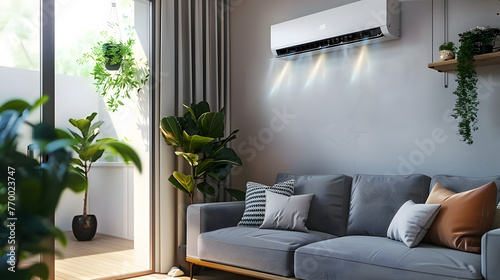 Energy efficient air conditioner with fresh natural in a modern living room.