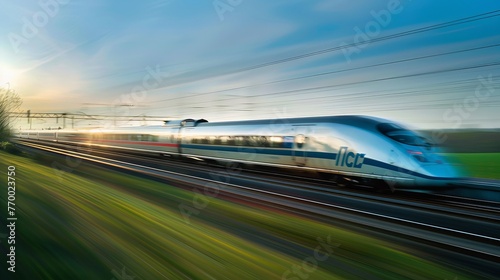 A high-speed train blurring through the countryside