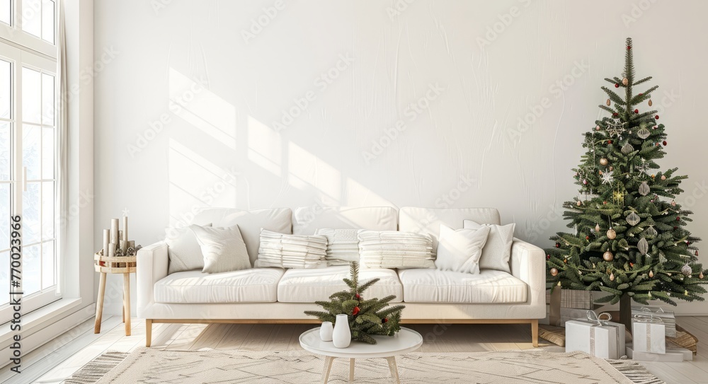 Winter living room with a Christmas tree and decorations. A sofa is in the center of the frame with a white wall and carpet on the floor Winter living room with a Christmas tree and decorations. A sofa is in the center of the frame with a white wall and carpet on the floor