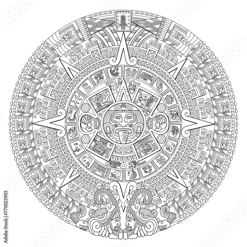Aztec Sun Stone. At the center of the disc appears the glyph called movement with the face of solar deity Tonatiuh, surrounded by the 20 day signs. At the top 13-Reed, the year of the Fifth Sun, 1479.