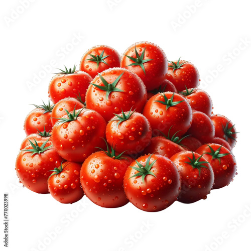 A pile of ripe red tomatoes covered in morning dew, arranged neatly on a dark background.