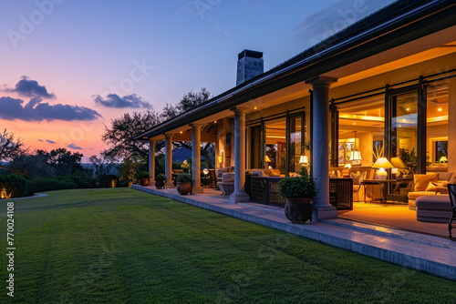 A serene dusk view of an opulent home s exterior  warm interior lighting  a covered porch equipped with luxury outdoor seating  and a lawn manicured to perfection  reflecting high-end living.