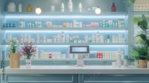 A pharmacy counter with a digital prescription display