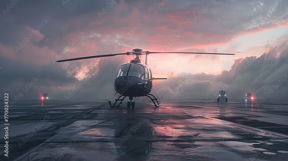 A police helicopter on a landing pad, ready for deployment - obrazy, fototapety, plakaty 