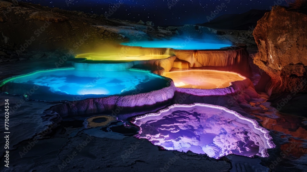 A series of natural hot springs that glow with different colors at night - obrazy, fototapety, plakaty 