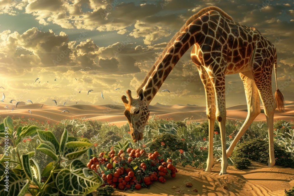 Giraffe in the savannah eating juicy fruits - obrazy, fototapety, plakaty 