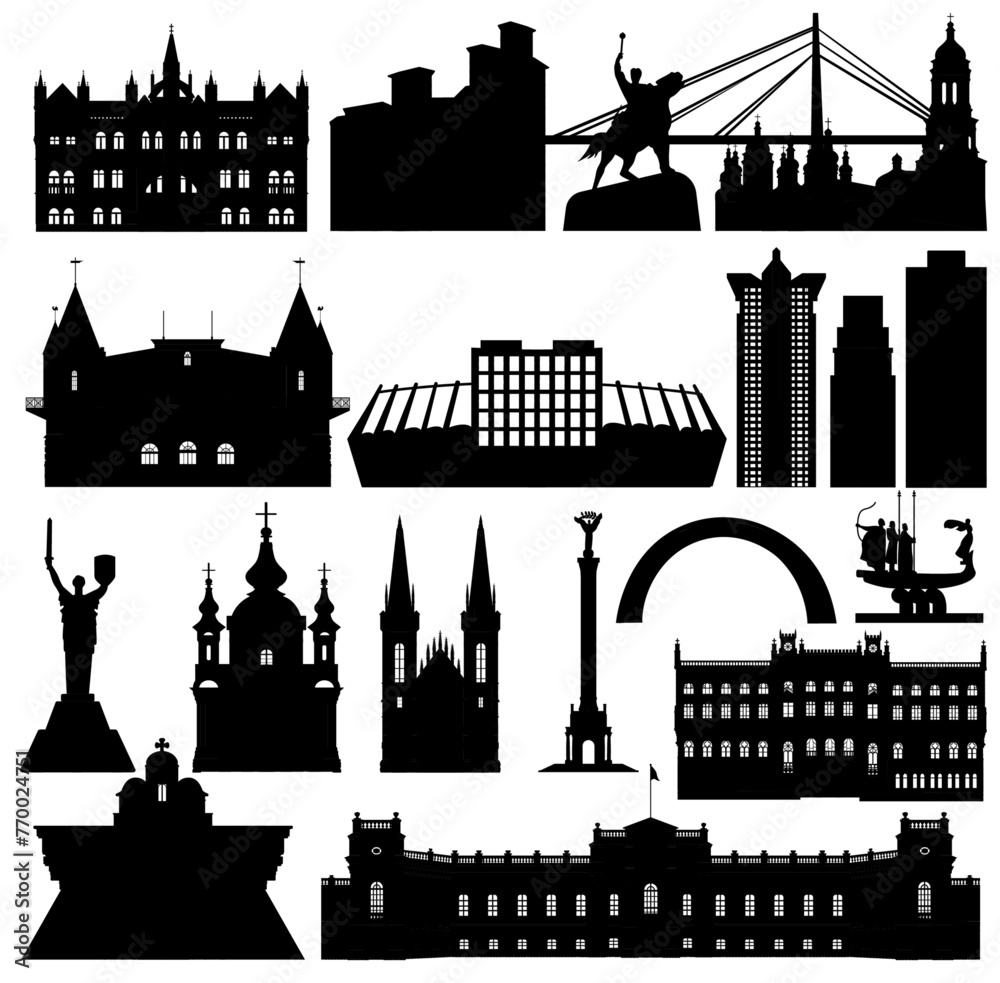 Collection of historical and modern architecture of Kiev. Vector illustration
