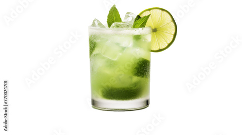 A glass filled with a vibrant green drink and adorned with a slice of lime