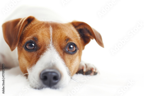 Close-up of a resting Jack Russell Terrier lying on a white surface with a soulful expression © Ilia