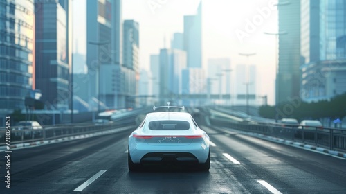 An autonomous car navigating an empty urban road