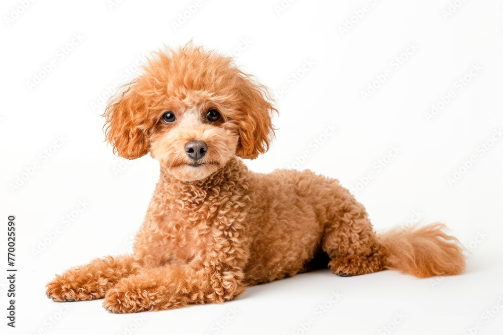 A brown poodle, a water dog breed, resting on a white surface. A brown poodle, a water dog breed, resting on a white surface.