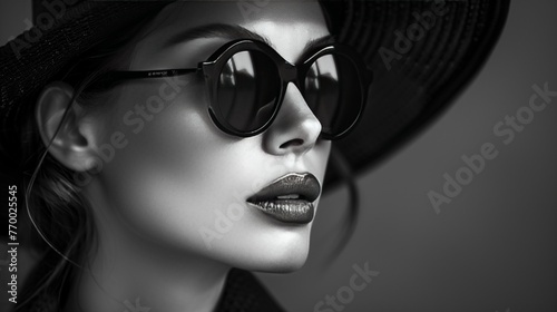 Woman in black sunglasses and hat, black and white fashion photo with dramatic shadows, close-up