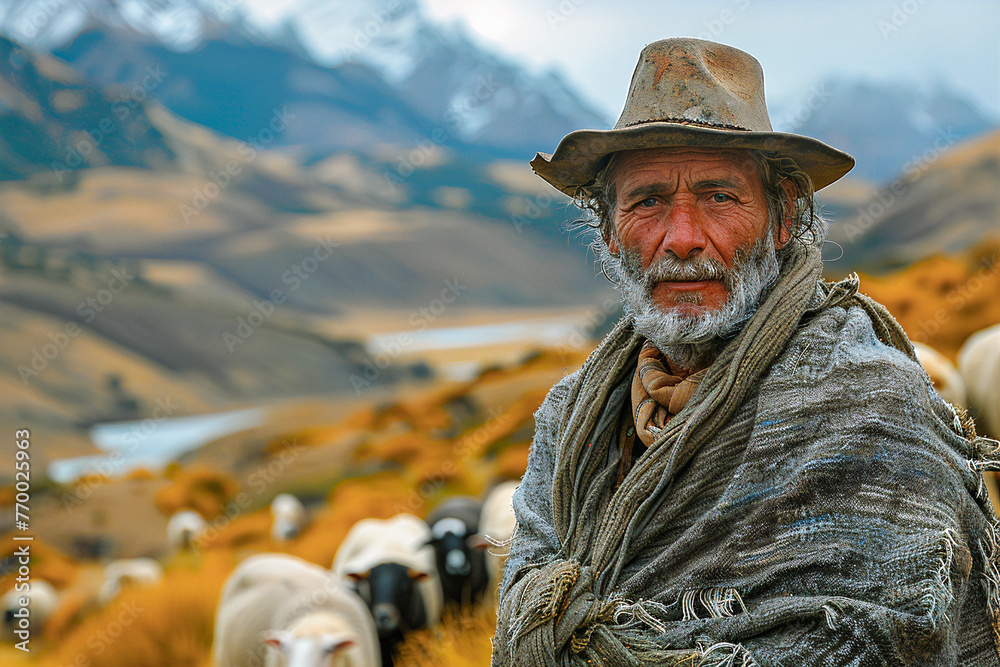 Portrait of an Indigenous Old Shepherd in the Andes
