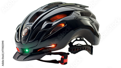A helmet adorned with a bright green light, emitting a captivating glow
